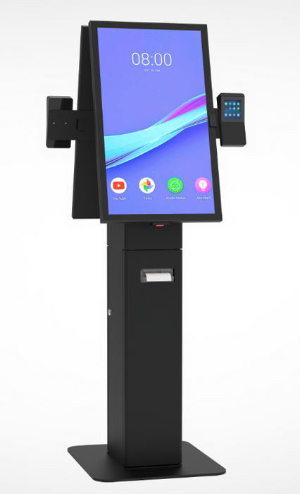 Dual Screen Self-Service Kiosk Floor Stand with Printer Bay and Device Storage