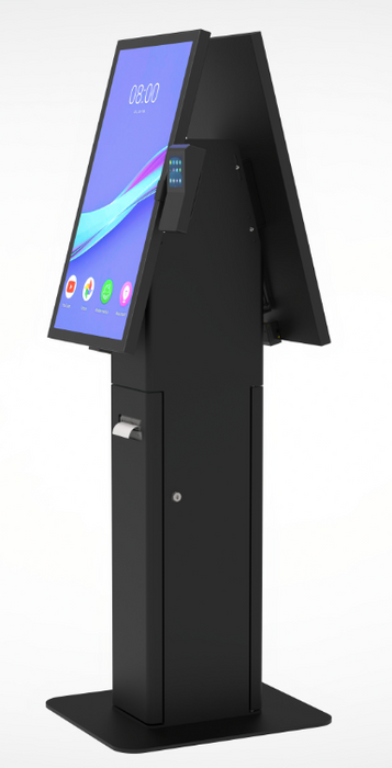 Dual Screen Self-Service Kiosk Floor Stand with Printer Bay and Device Storage