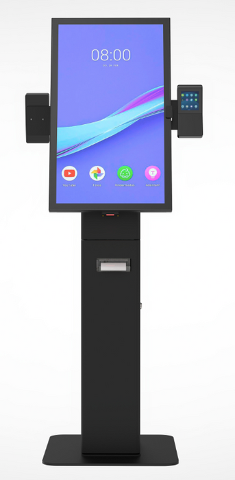 Dual Screen Self-Service Kiosk Floor Stand with Printer Bay and Device Storage