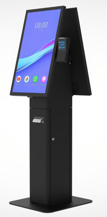 Dual Screen Self-Service Kiosk Floor Stand with Printer Bay and Device Storage